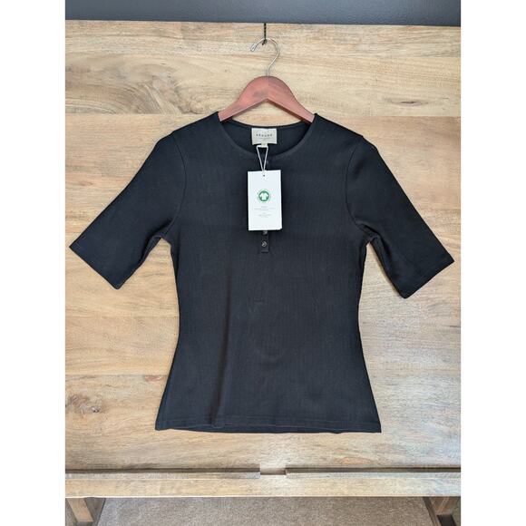 A Paris Sézane Rue Saint-Fiacre Shirt Womens L Black Ribbed Henley Neck Tee NWT - Picture 1 of 4